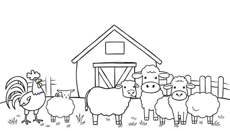 Zwart-wit tekening van een boerderij met een schuur, een haan, vijf schapen en gras.