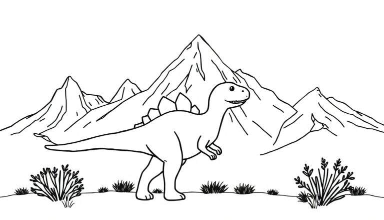 Zwart-wit lijntekening van een glimlachende dinosaurus met rugplaten, staand in een berglandschap met vegetatie.