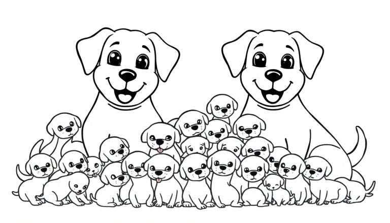Kleurplaat van een groep honden: twee grote, lachende volwassen honden omringd door kleine, blije puppy's. De tekening is cartoonachtig met dikke zwarte lijnen.