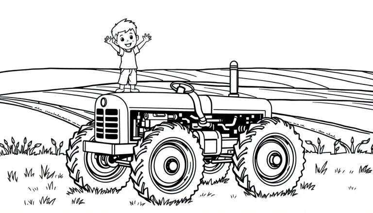 Kleurplaat van een lachende jongen met armen omhoog op de motorkap van een grote tractor in een landschap.