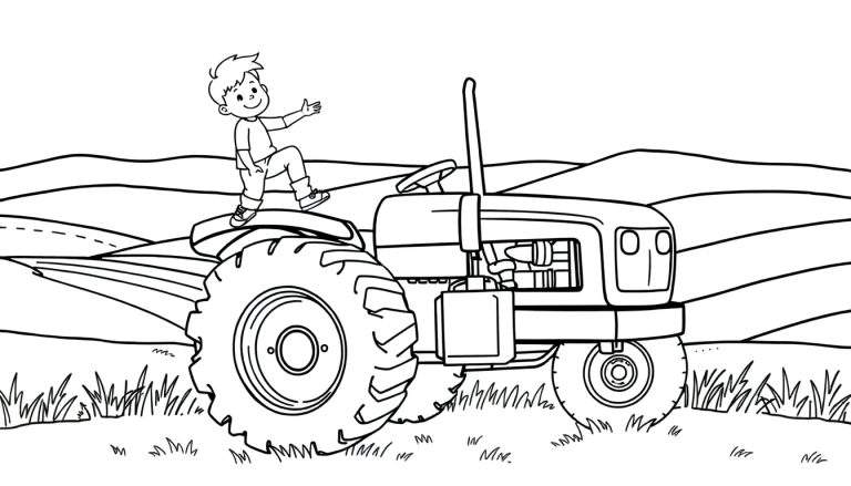 Kleurplaat: lachende jongen op grote tractor, zwaaiend, met boerderijlandschap op achtergrond.