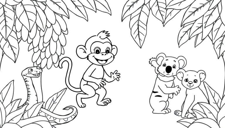 Kleurplaat met een vrolijke aap, twee koala's (volwassen en baby) en een slang in een jungle met veel bladeren.