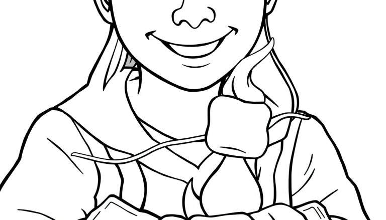 Zwart-wit lijntekening van een lachend persoon die marshmallows roostert boven een vuur, geschikt als kleurplaat.