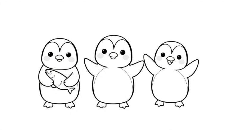 Zwart-wit tekening van drie vrolijke pinguïns, klaar om ingekleurd te worden. De linker pinguïn heeft een vis, de middelste en rechter pinguïn zwaaien blij met hun vleugels.