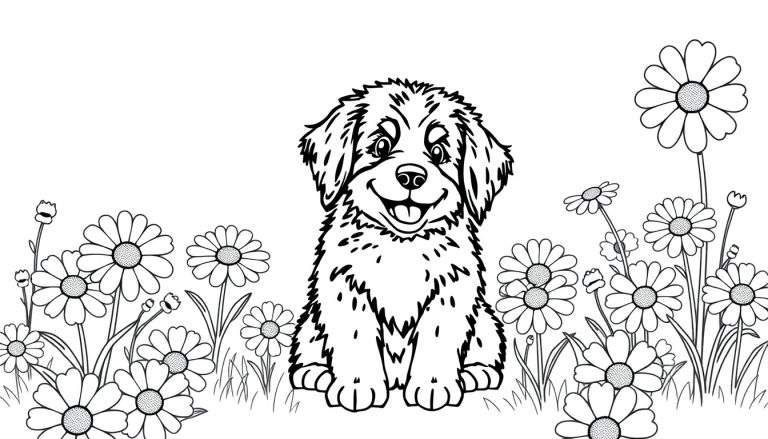 Zwart-wit lijntekening van een schattige, lachende puppy met tong uit de bek, zittend in een veld vol madeliefjes en gras.