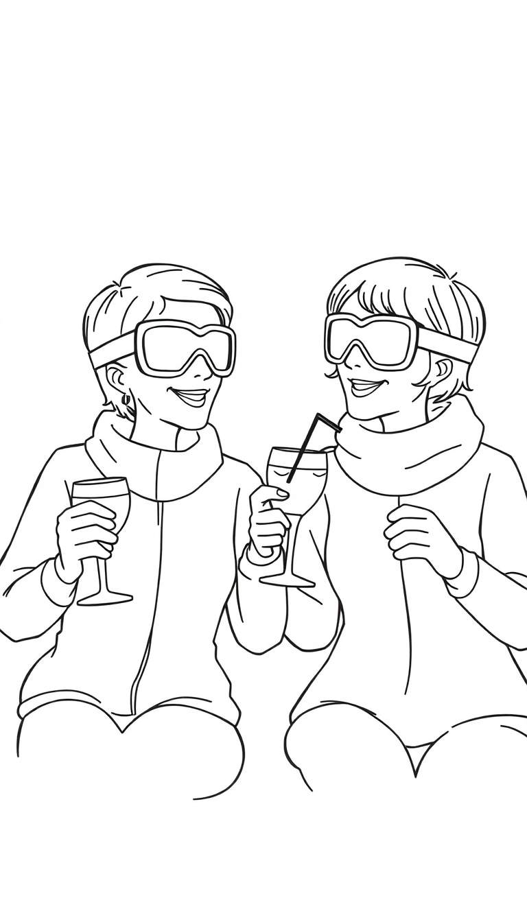 Kleurplaat van twee lachende vrouwen in skibrillen en winterkleding die drankjes vasthouden en met elkaar praten.