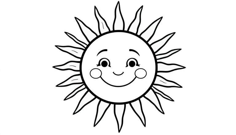 Zwart-wit tekening van een lachende zon met puntige stralen, ideaal als kleurplaat voor kinderen.