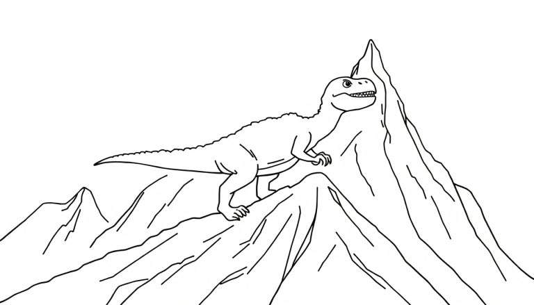Kleurplaat van een lachende dinosaurus op een bergtop, met een gestileerd berglandschap op de achtergrond.