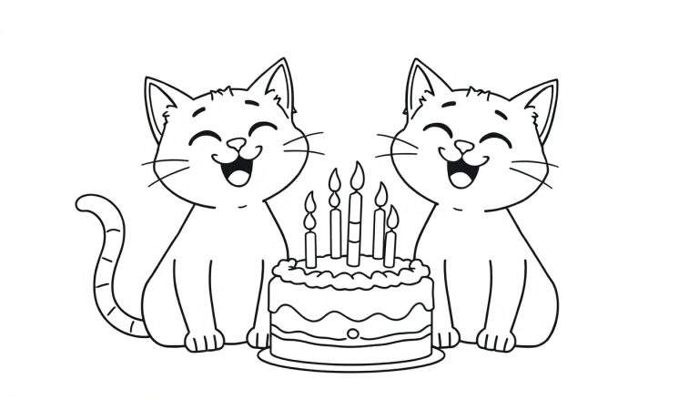 Kleurplaat van twee lachende katten rondom een verjaardagstaart met vijf brandende kaarsjes.