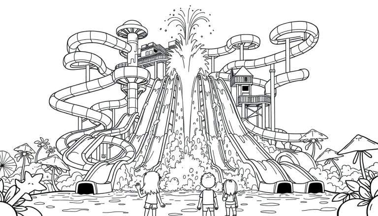 Kleurplaat van een waterpark met kinderen, hoge glijbanen, een centrale waterval en tropische planten.