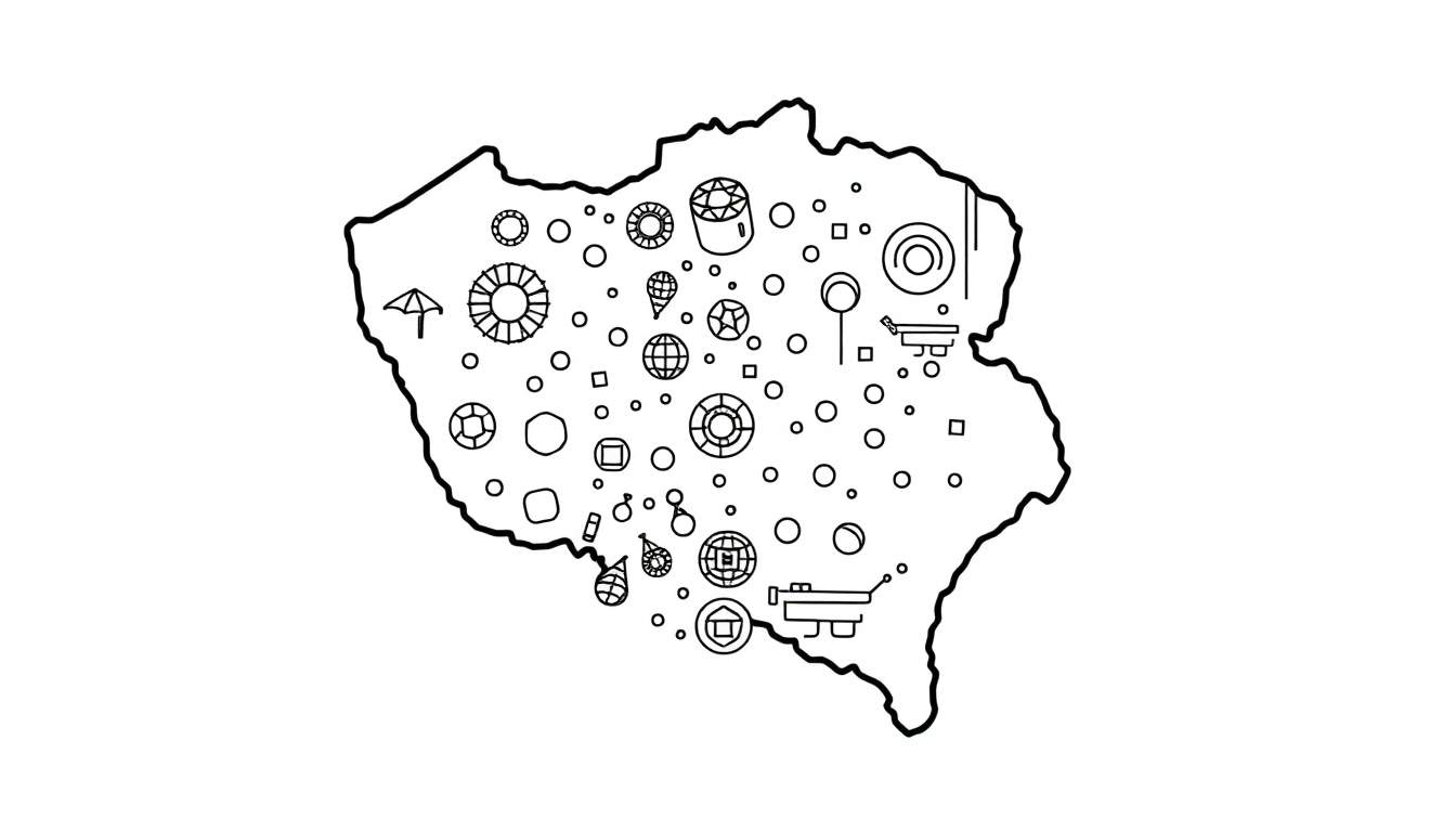 Zwart-wit lijntekening van een onregelmatige kaartvorm met daarin veel kleine cirkels, vierkanten, een parasol, ijshoorntje, wereldbollen, een huisje en andere symbolen.