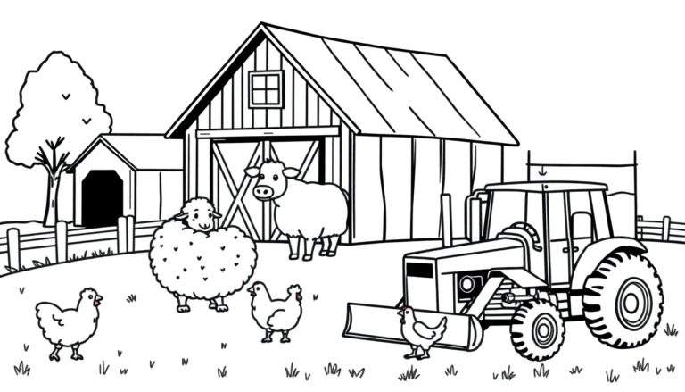 Kleurplaat van een boerderijtafereel met een schuur, tractor, schaap, koe, kippen en een boom.