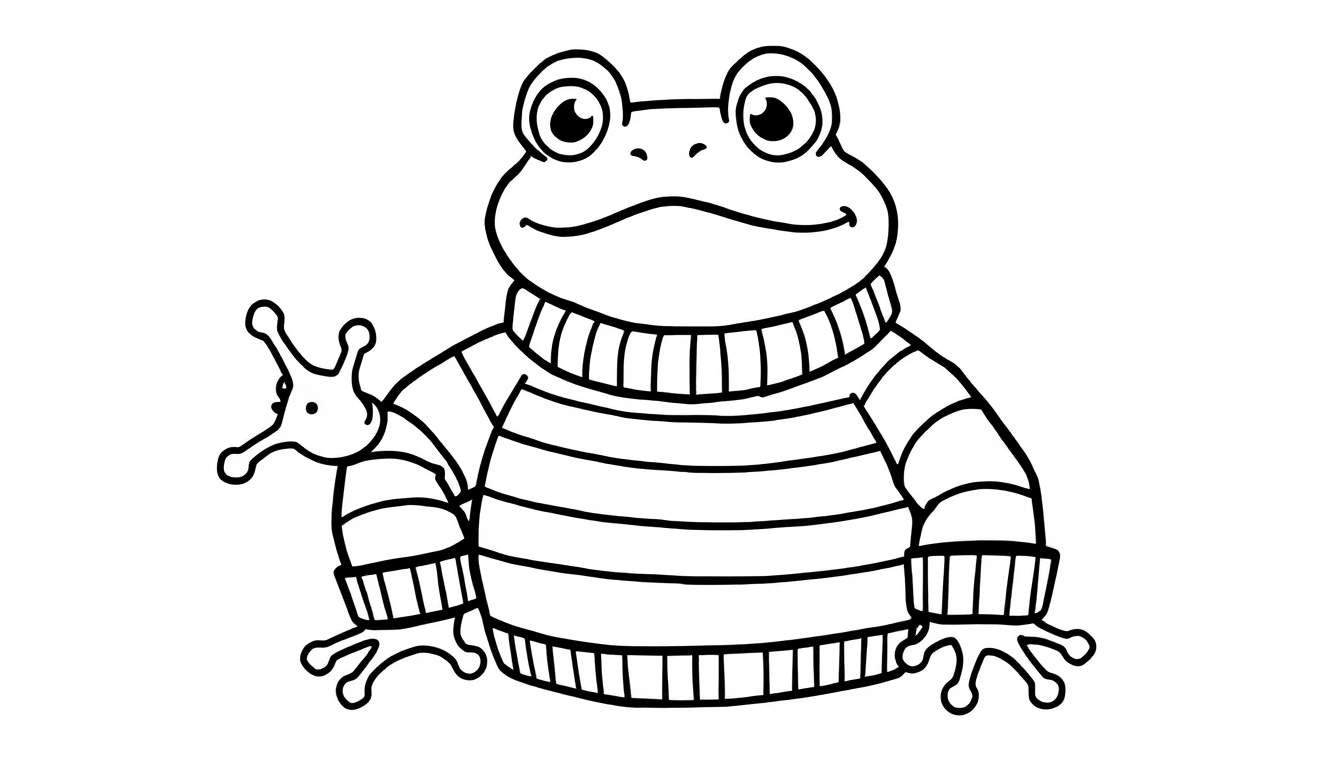 Zwart-witte lijntekening van een vriendelijke cartoonkikker die een gestreepte trui draagt en een poot omhoog steekt.