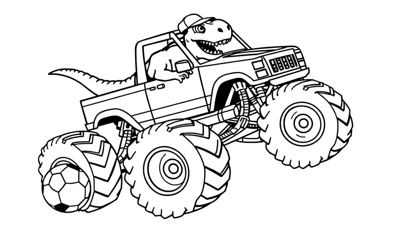 Een vrolijke dinosaurus, lijkend op een T-Rex, met een petje en scherpe tanden, bestuurt een monstertruck. De truck heeft grote off-road wielen en een rolbeugel. Een voetbal zit vast onder een van de voorbanden. De truck staat schuin omhoog, alsof hij springt.