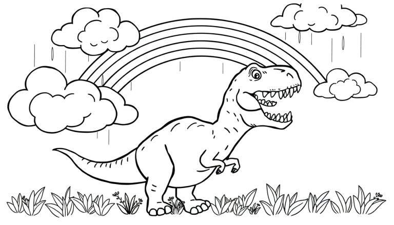 Een T-Rex dinosaurus met open mond en zichtbare tanden, staat onder een regenboog met vier bogen. Pluizige wolken met vallende regendruppels zijn aan weerszijden zichtbaar. Gras en plantjes vormen de ondergrond.