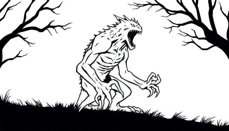 Zwart-witte kleurplaat van een monster met opengesperde bek, stekels en klauwen, staand op een helling tussen kale bomen.