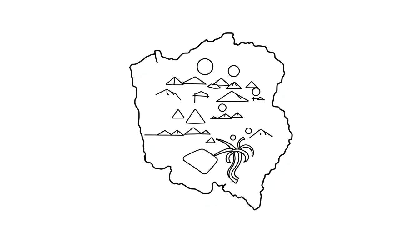 Zwart-wit lijntekening van een gestileerde kaart met driehoekige bergen, cirkelvormige meren, huisjes, een palmboom en een ruitvormig object. De kaart heeft een grillige omtrek.