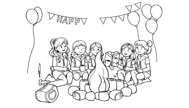 Zwart-wit lijntekening van zes lachende meisjes rond een kampvuur met mokken, ballonnen, slingers en een boek met 'IRL'.