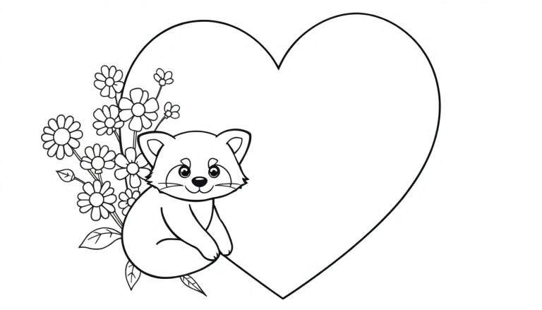 Kleurplaat van een hartvormig kader met een schattig cartoon dier en bloemen.
