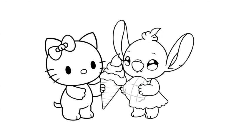 Kleurplaat van Hello Kitty en Angel die samen een ijsje eten. Hello Kitty heeft een hoorntje met softijs en Angel heeft een rond ijsje.