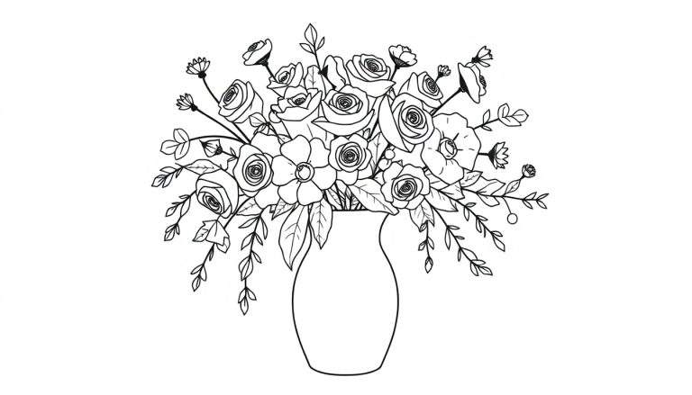 Zwart-wit lijntekening van een boeket bloemen met rozen, blaadjes en knoppen in een vaas, klaar om ingekleurd te worden.