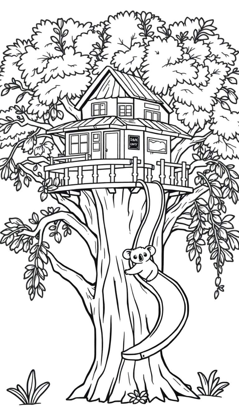 Zwart-wit lijntekening van een boomhut met een glijbaan en een koala, geschikt om in te kleuren.