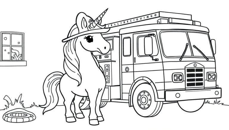 Zwart-wit kleurplaat van een schattige eenhoorn met brandweerhelm naast een brandweerwagen. Op de brandweerwagen staat 'JELLIDECIOUINGO'. In de achtergrond een raam met hartjes en planten. Op de voorgrond gras met een brandweerslang.