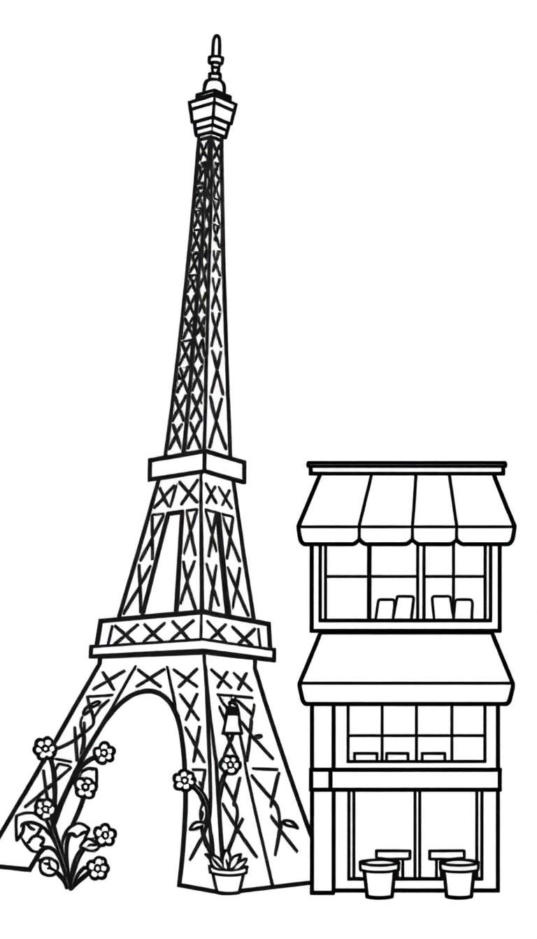 Zwart-wit lijntekening van de Eiffeltoren naast een Parijse winkel of café, met bloemen en decoratieve potten, ideaal om in te kleuren.
