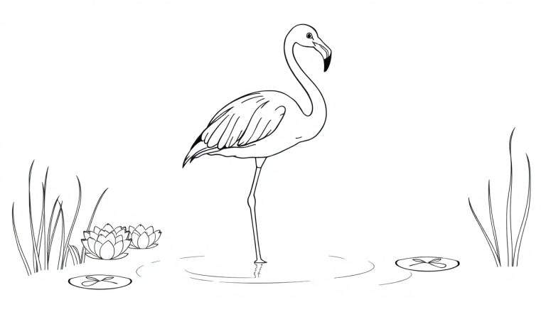 Kleurplaat van een flamingo op één poot in het water, met waterlelies en riet.