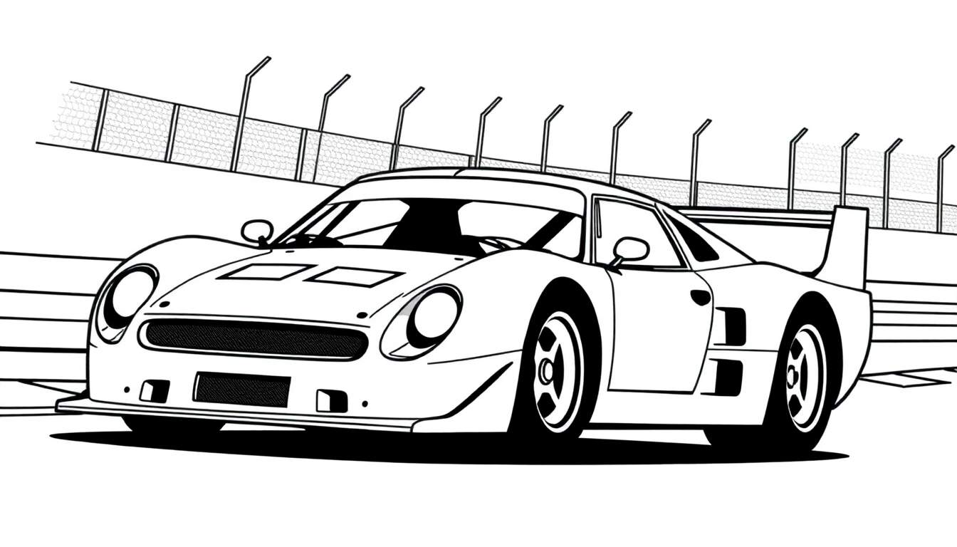 Zwart-wit lijntekening van een gestroomlijnde raceauto op een circuit, klaar om ingekleurd te worden.