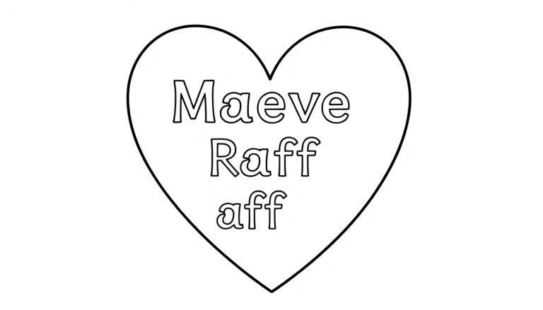 Kleurplaat van een hart met de tekst 'Maeve Raff Aff' erin, klaar om ingekleurd te worden.