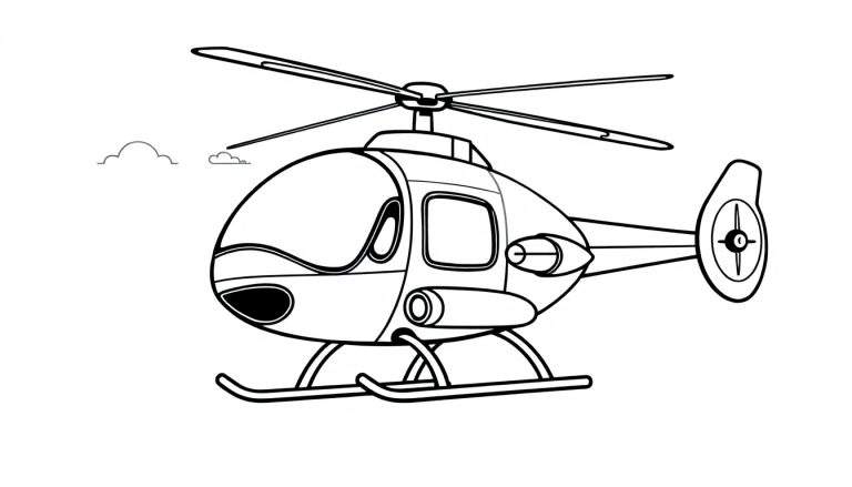 Een zwart-wit lijntekening van een helikopter, klaar om ingekleurd te worden, met twee wolkjes op de achtergrond.