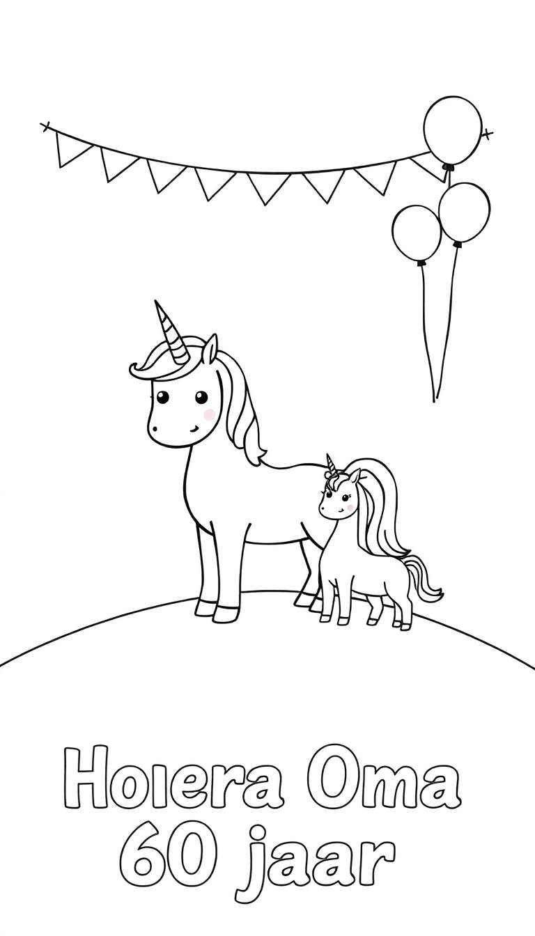 Zwart-wit kleurplaat met twee eenhoorns op een heuvel, slingers, ballonnen en de tekst 'Hoera Oma 60 jaar'.