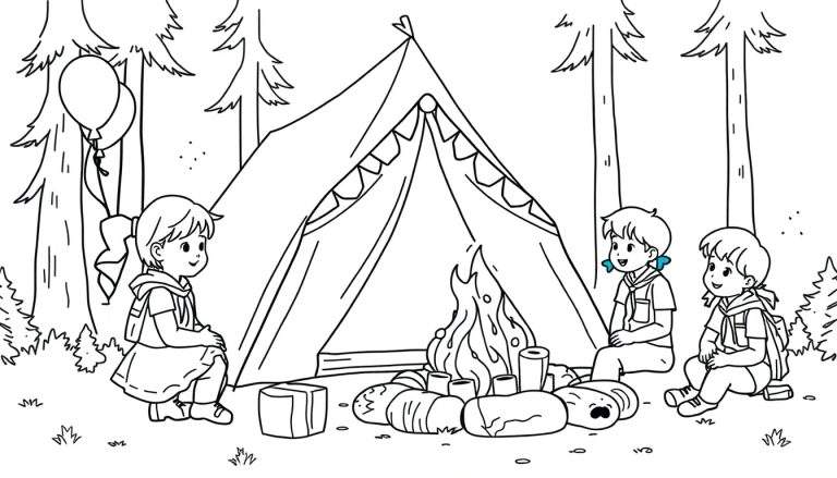 Zwart-wit lijntekening kleurplaat van drie kinderen die kamperen in een bos bij een tent en kampvuur. Een meisje hurkt met ballonnen, twee kinderen zitten bij de tent. Hoge bomen op de achtergrond.