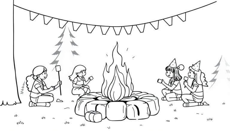 Kleurplaat van vier meisjes die marshmallows roosteren bij een kampvuur, met slingers en feestmutsjes.
