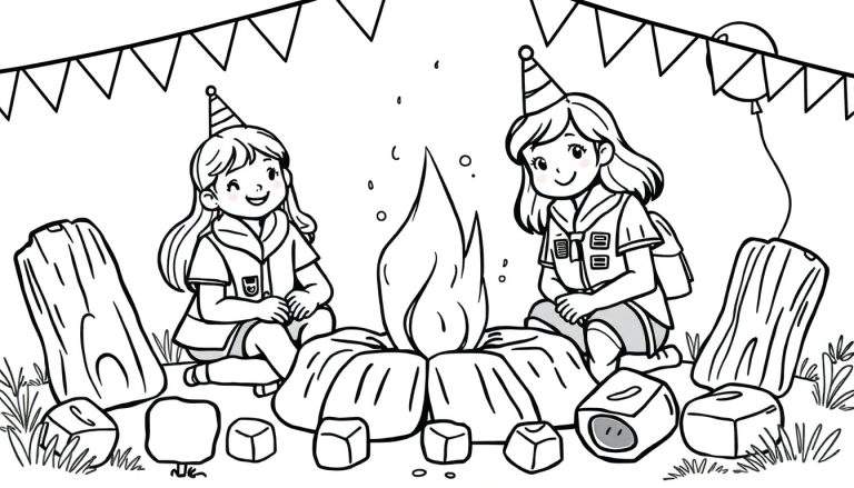 Twee lachende meisjes met lang haar en scoutsuniformen, elk met een feesthoedje, zitten rond een brandend kampvuur. Gras, houtblokken, slingers en een ballon creëren een feestelijke kampeersfeer.