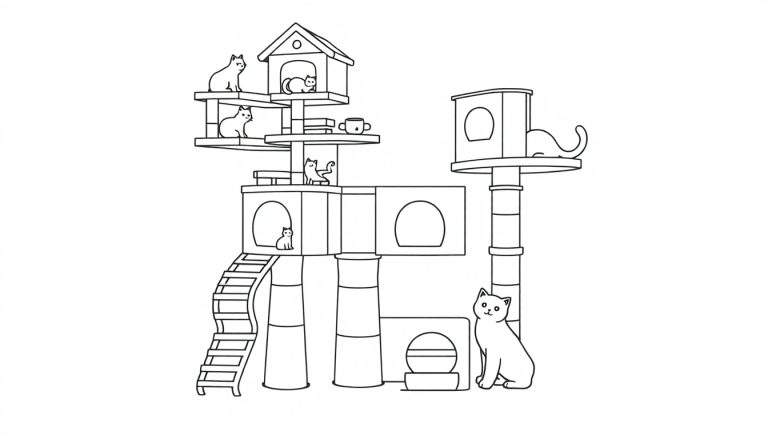 Kleurplaat met een gedetailleerde kattenboom, inclusief meerdere platforms, huisjes, krabpalen, een ladder, boeken, een kopje en een voerbakje. Zeven katten zijn te zien op en rondom de boom, waaronder een kitten en een grote kat vooraan.