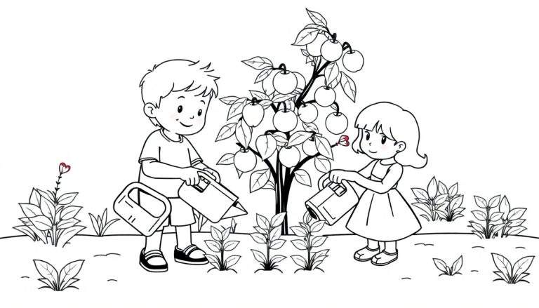 Zwart-wit tekening van een jongen en een meisje die water geven aan plantjes in een tuin met een appelboom vol appels.
