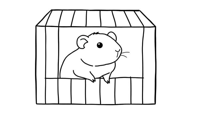Kleurplaat van een schattig knaagdier (cavia/hamster) zittend in een kooi, kijkend naar rechts.