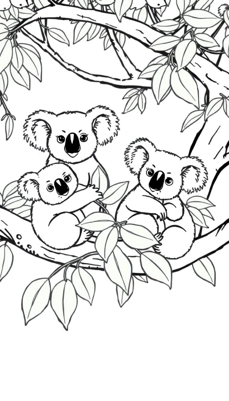 Kleurplaat van drie koala's in een boom: een volwassen koala met baby, en een jong koala omringd door bladeren.