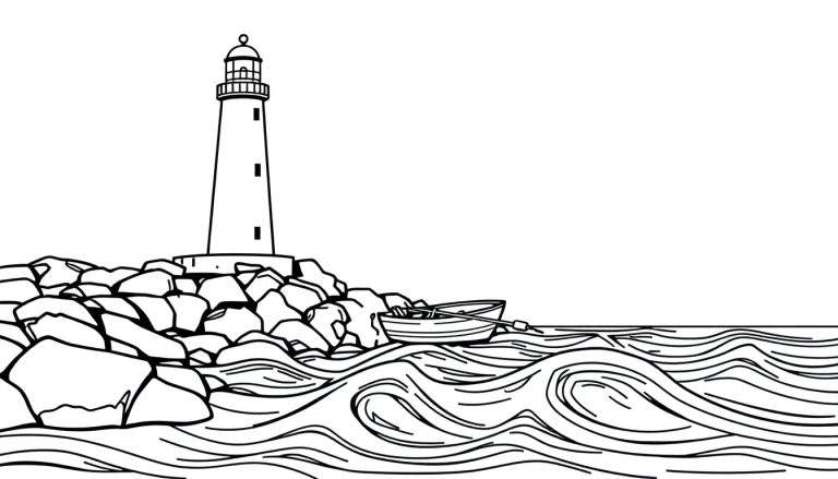 Zwart-wit lijntekening kleurplaat kustlandschap met vuurtoren op rotsen, golvend water en een roeibootje.