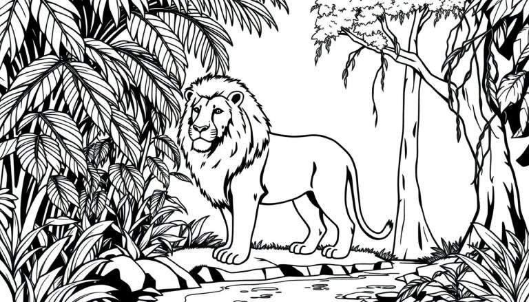 Zwart-wit kleurplaat van een volwassen mannetjesleeuw met een imposante manen, staand in een dichte jungle met palmachtige planten, hoge bomen, lianen en een rotsachtige oever langs een rivier.