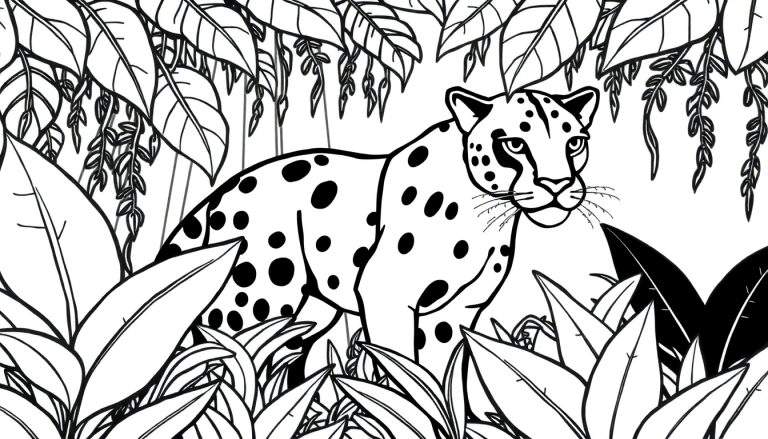 Zwart-wit lijntekening van een luipaard die tussen grote bladeren in een jungle staat.