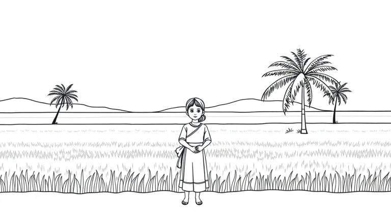 Zwart-wit lijntekening van een jong meisje dat centraal staat in een sereen landschap. Ze draagt een jurk, haar haar is opgestoken, en ze kijkt rustig naar de kijker. De voorgrond is gevuld met gedetailleerd gras. Op de achtergrond zijn glooiende heuvels en een horizontale waterlijn te zien. Twee palmbomen, waarvan één prominent, staan aan de rechterkant, en een slanke palmboom leunt naar rechts aan de linkerkant.