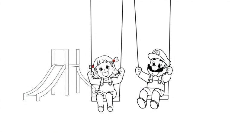 Zwart-wit kleurplaat van een lachend meisje met staartjes en Mario, beiden schommelend in een speeltuin.