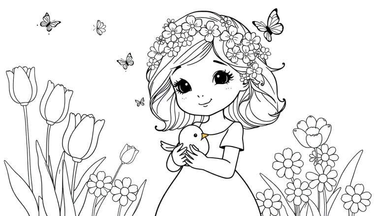 Zwart-wit lijntekening van een lief meisje met een bloemenkrans, dat een klein vogeltje vasthoudt, omringd door tulpen, madeliefjes en vlinders.