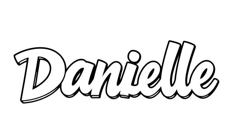 Kleurplaat met de naam Danielle, geschreven in speelse witte letters met dikke zwarte omtrek en 3D-effect op een witte achtergrond.