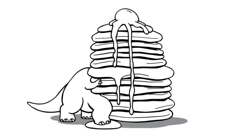 Zwart-wit cartoonkleurplaat van een grote stapel pannenkoeken met siroop die eraf druipt, naast een kleine dinosaurus die de pannenkoeken omarmt.