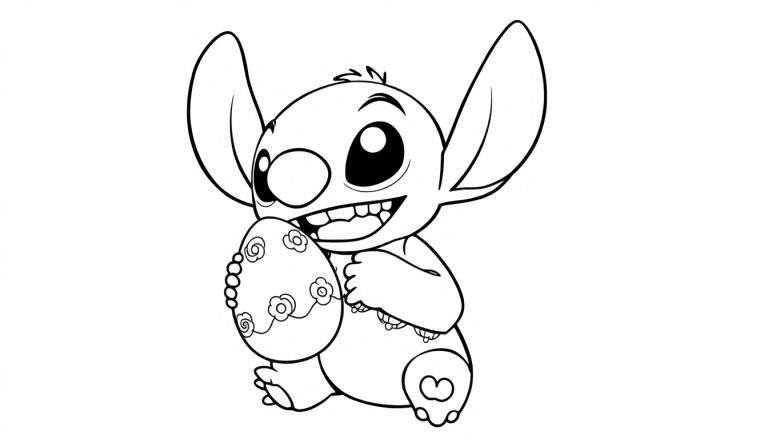 Kleurplaat van Stitch die blij een paasei vasthoudt, met bloemen en krullen erop. Stitch glimlacht breed met zijn mond open.