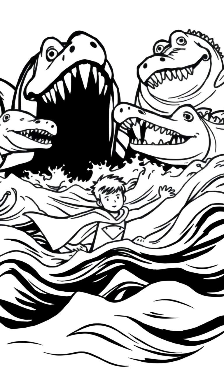 Kleurplaat van een jongen met een superheldencape die oog in oog staat met grote, tandeloze watermonsters.